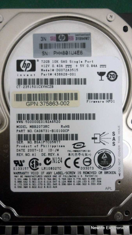 HP 72.8GB 10K SAS 2.5" HOT PLUG SINGLE PORT HARD DRIVE DG072A3515
