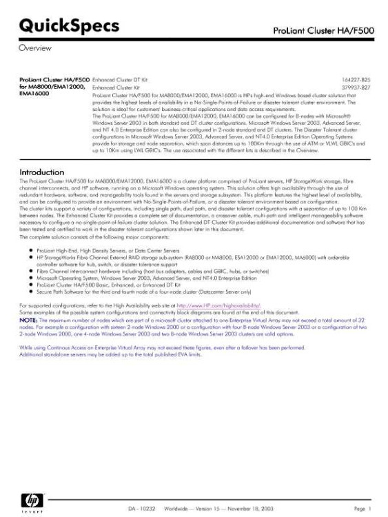 CPQ PROLIANT CLUSTER HA/F500 BASIC KIT**** CPQ PROLIANT CLUSTER HA/F500 BASIC KIT****