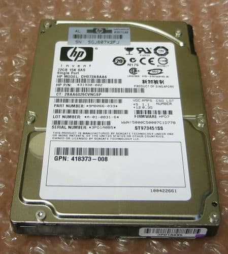 HP 72.8GB 15K SAS SINGLE PORT 2.5" HOT PLUG HARD DRIVE