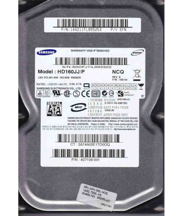 390617-001 HP 160GB 7.2K rpm Non Hot Plug SATA Hard Drive 390617-001 HP 160GB 7.2K rpm Non Hot Plug SATA Hard Drive